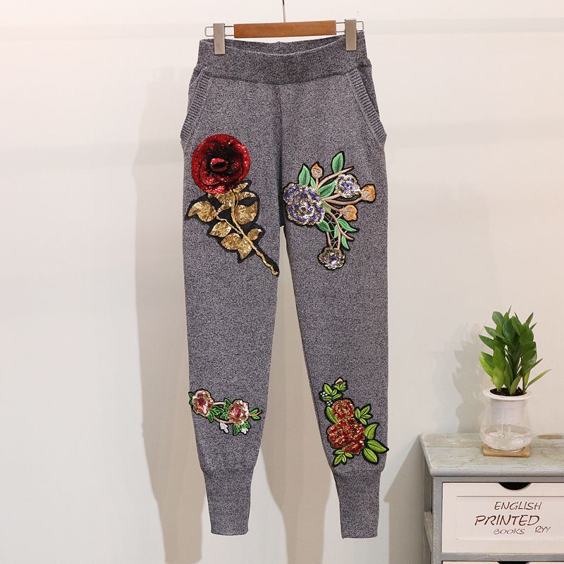 Damen-Pullover mit Pailletten und Blumen, langärmelig, Pullover, Hose mit kleinen Beinen, modischer Anzug für Damen_voghion.com