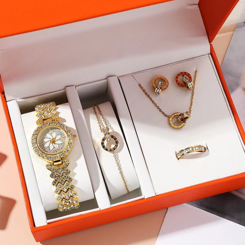 Damen Auer mat fënnef Deeler + Bracelet + Rank + Ouerréng + Halskette Moudeschachtel Quartz Auer mat Kaddo_voghion.com