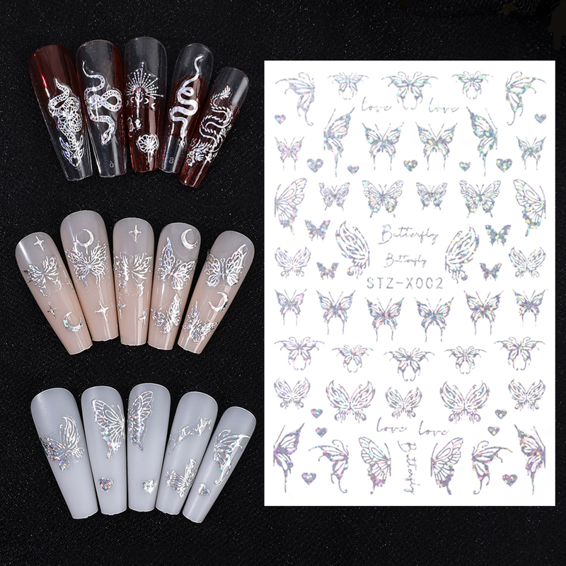 Autocollants d'art pour ongles, argent, papillon, creux, serpent, Dragon, étoiles, décalcomanie 3D, manucure holographique, toboggan bronzant_voghion.com
