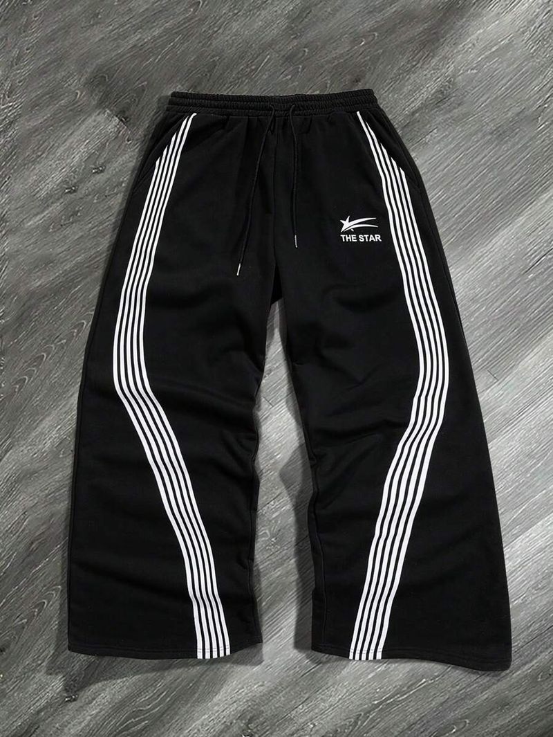 Men's Clothing Logo Print Stripes Loose Straight Sports Casual Trousers Sweatpants Men And Women_voghion.com