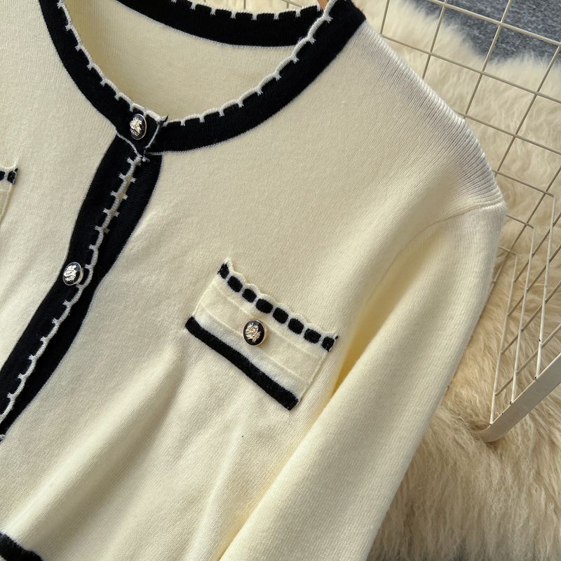 Elegante, tweedelige gebreide set voor dames - chique ronde hals, lange mouwen en mouwloze kokerjurk (beige/zwart, één maat)_voghion.com