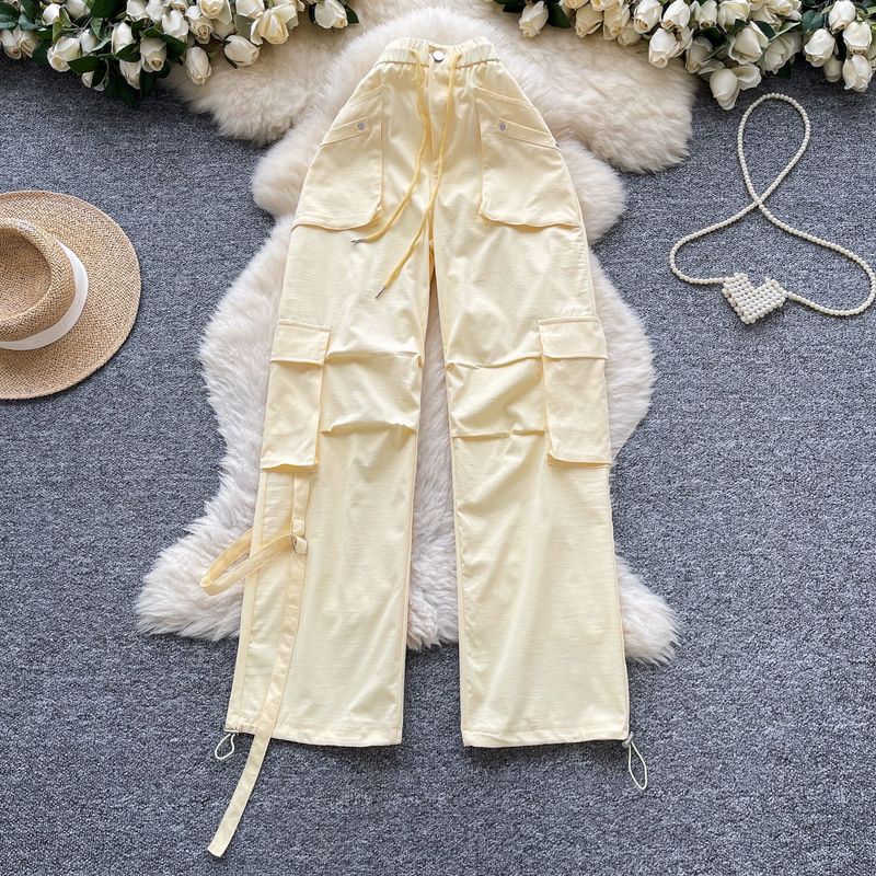 Women's Cargo Jogger Pants High Waist Drawstring Wide Leg Casual Trousers With Pockets Summer Loose Fit Workwear Style Polyester"_voghion.com