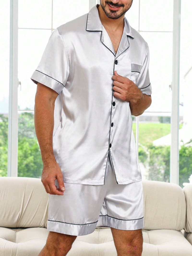 Grenzgrenzend europäesch Männer grouss Gréisst locker Heem Kleeder Summer Männer breathable dënn kuerz Ärmelen Shorts Äis Seid Pyjamas Set_voghion.com