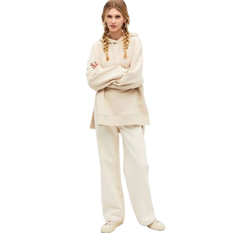 Nuevos pantalones para mujer, Top con capucha y abertura en el bolsillo, sudadera informal holgada de Color sólido, traje de dos piezas_voghion.com