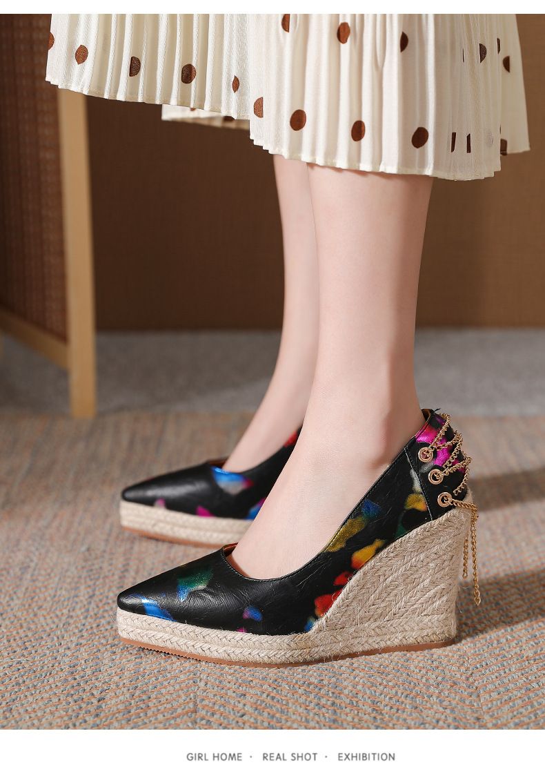 Women’s Shoes Wedge Heel Thick Bottom Pointed Toe Shallow Mouth High Heel Women's Single Shoes Straw Rope Bottom Large Size Shoes Shoes_voghion.com