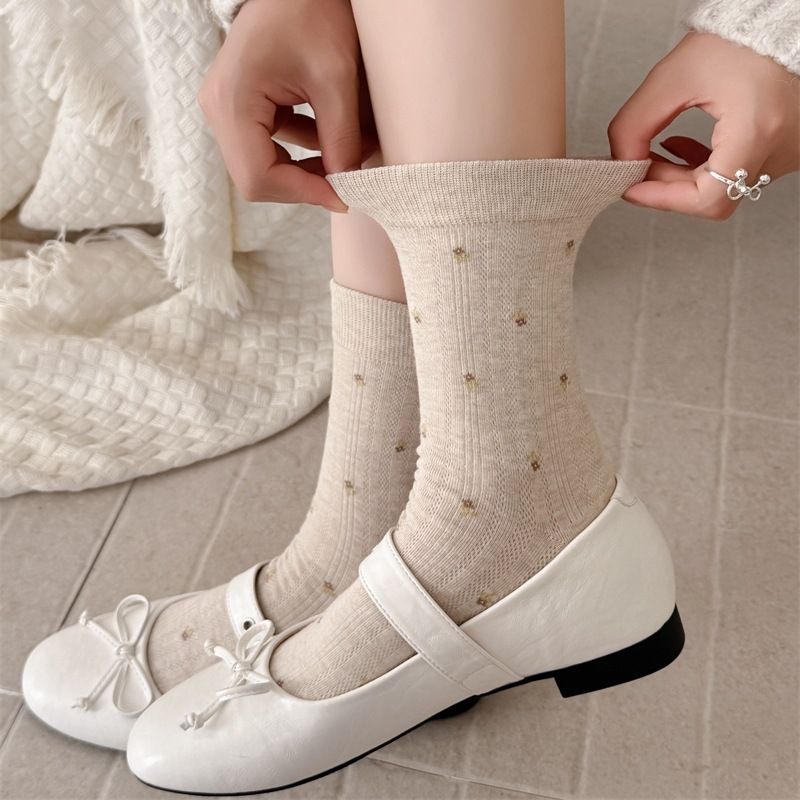 Calzini da donna con pizzo floreale - Stile vintage francese, cotone traspirante, calzini boho chic per look casual e alla moda. Calzini in pile con scarpe Dexun._voghion.com