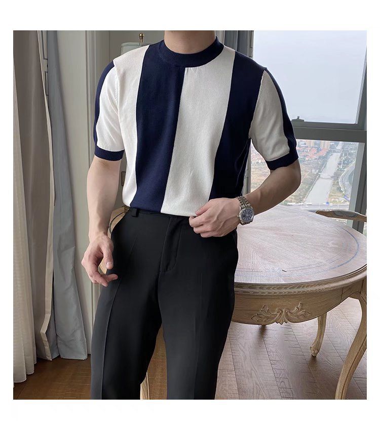 Men's Clothing Fashion New Striped Ice Silk Short Sleeved T Shirt Casual Simple Slim Style Men's Tops Trendy Knitted Sweater_voghion.com