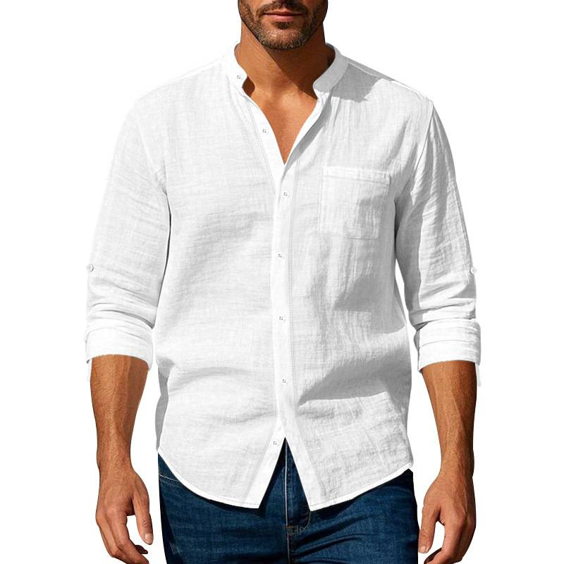 Camicia in lino monopetto a maniche lunghe con colletto alla coreana da uomo, colore puro, moda 2025, S-3XL_voghion.com