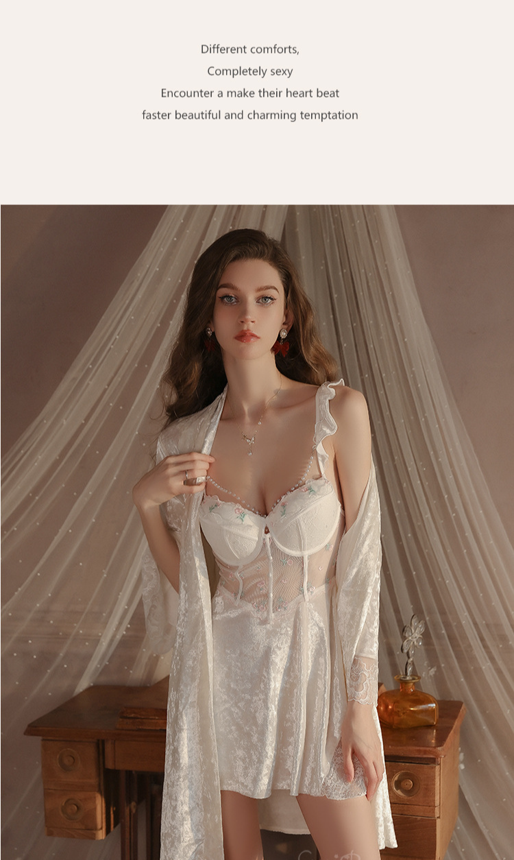 Veet Lingerie Set Sweet Push Up Padded Bustier Chemise With Robe For Women Plus Size_voghion.com