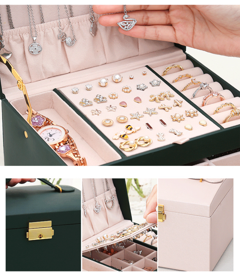 Elegant 3-Tier PU Leather Jewelry Box With Lock - Stylish Drawer Organizer For Earrings, Rings & Necklaces_voghion.com