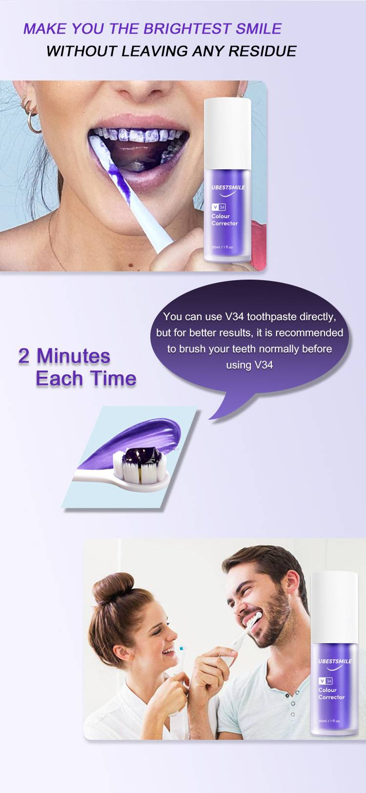 Glory Smile V34 Teeth Whitening Essence V34 Dentifricio in piccola bottiglia viola per rimuovere le macchie gialle dai denti Vendita all'ingrosso transfrontaliera_voghion.com