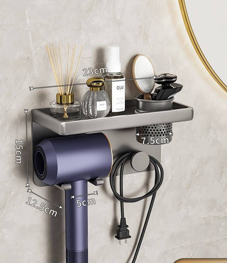 Haartrocknerhalter aus Aluminium ohne Bohren für das Badezimmer mit Becher- und Hakendesign – Wandmontierter Organizer für Dusche, Toilette und Waschtisch_voghion.com