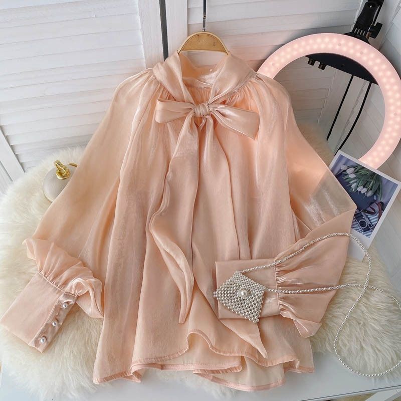 Camicetta con fiocco al collo – Elegante top con maniche a sbuffo (taglia unica, acrilico, ufficio e serata romantica, stile minimalista)_voghion.com