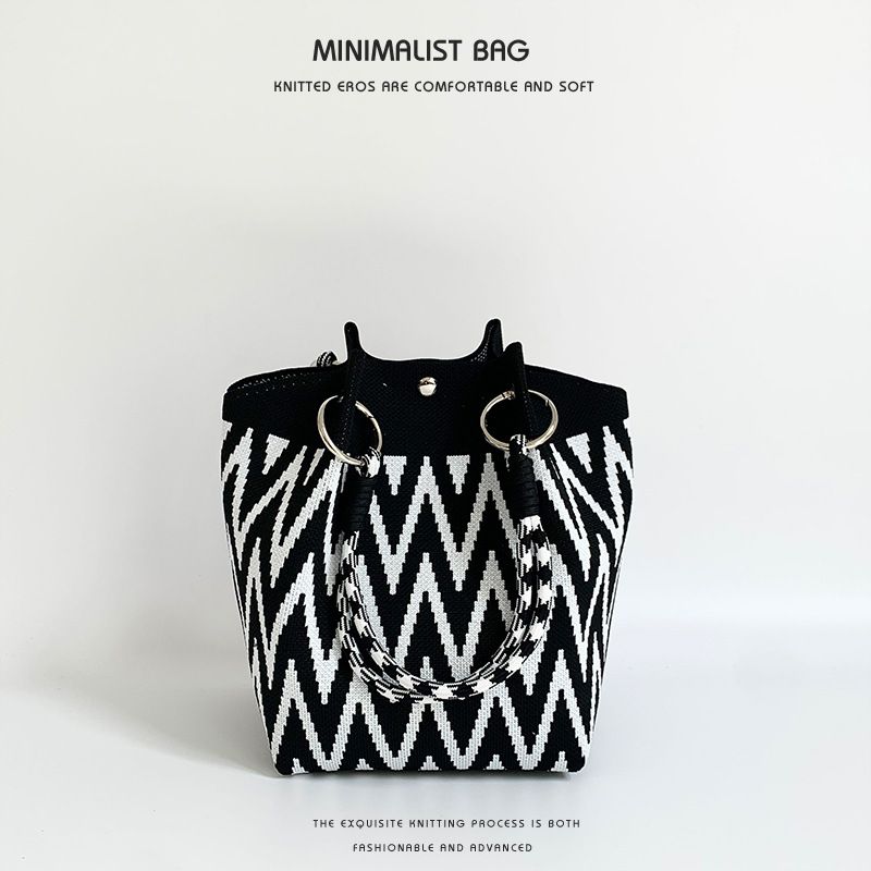 Eimer für Damen mit Cartoon-Muster, süß und lässig, vielseitige Unterarm-Lunchtasche, gestrickte Handtasche, Schultertasche_voghion.com
