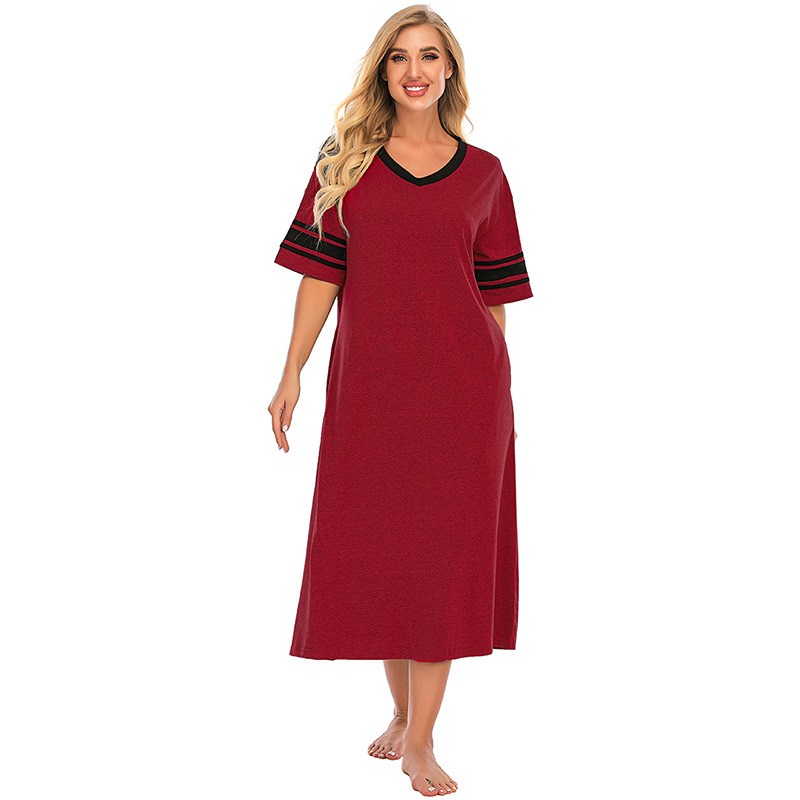Abbigliamento da donna Nuovo Comodo Scollo a V Largo Contrasto Colore Cotone Maniche corte Casa Vestiti All'ingrosso_voghion.com