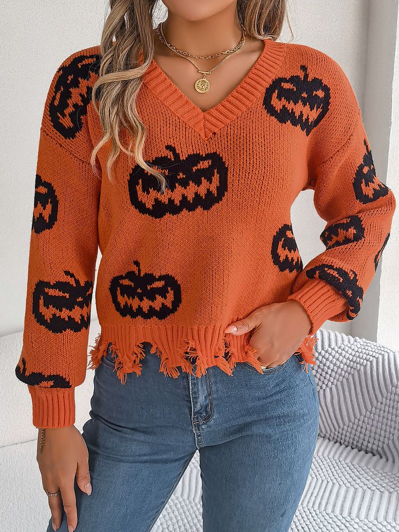 Autumn Winter Halloween Color-Block Pumpkin Cut Long Sleeve Pullover Sweater Women's Fashion_voghion.com