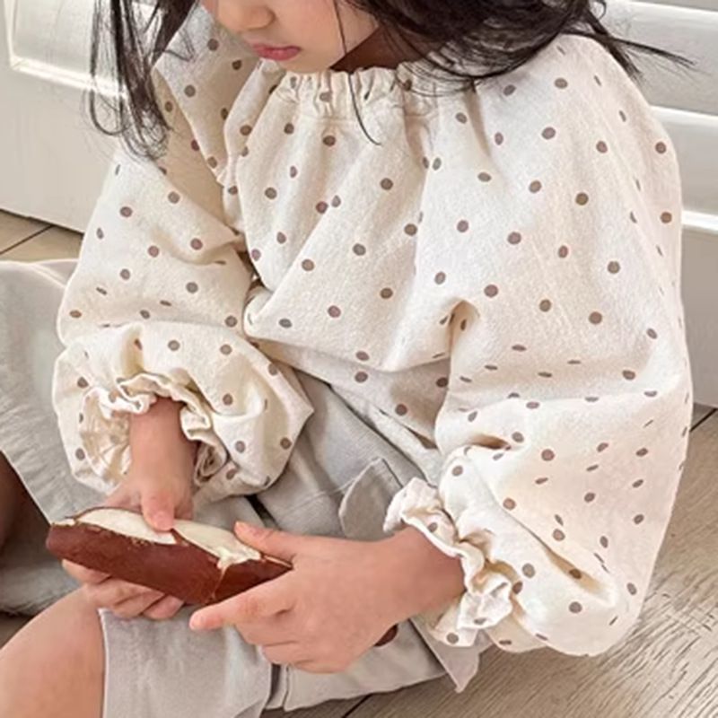 Κορεατική έκδοση Instagram φθινοπωρινή στολή, νέο κοριτσίστικο πουκάμισο φανάρι για μωρά, μοντέρνο φαρδύ πουά μανίκι με φούσκα και γλυκό τοπ_voghion.com