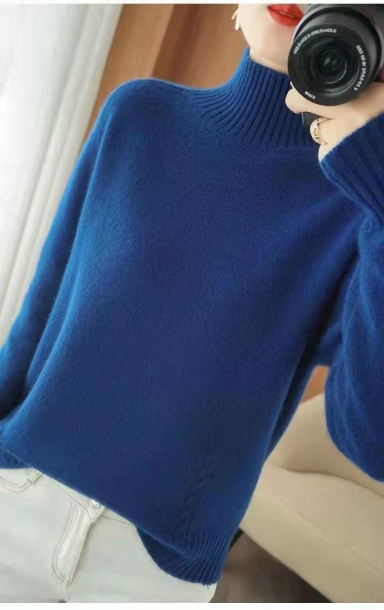 【 Cashmere Family 】 Autumn and winter pullover semi high neck short wool base women's thick knit sweater inner layer_voghion.com