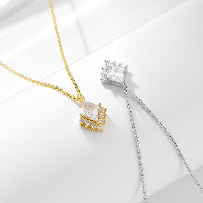 Collana con ciondolo in argento sterling con rombo geometrico e zirconi per donna, stile leggero e semplice alla moda._voghion.com