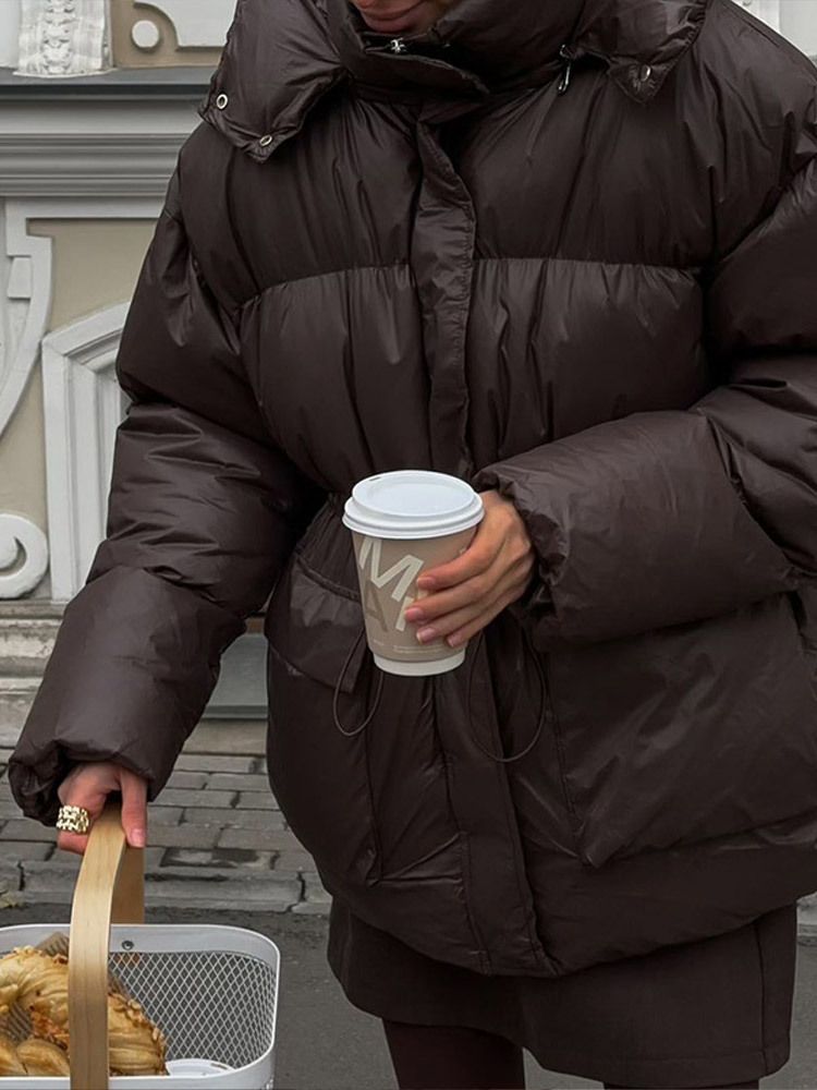 Kurze Pufferjacke mit Kapuze für Herren und Damen – Leichter Steppmantel mit Reißverschluss, Oversize-Passform, warmes Polyester-Obermaterial (Dunkelgrün, Kastanienbraun, Braun)_voghion.com