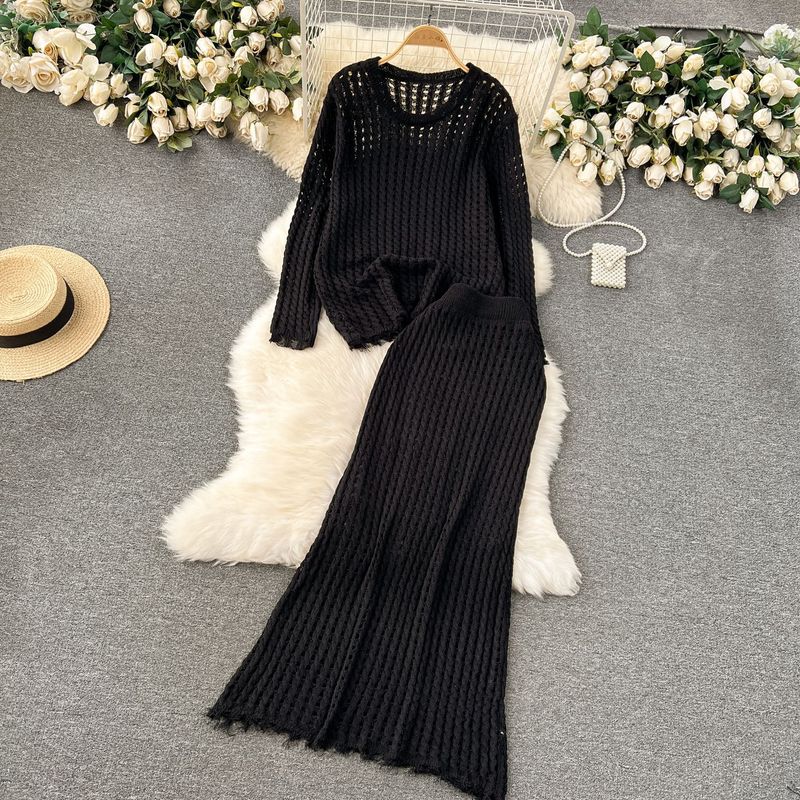 Abbigliamento da donna, abbigliamento primaverile, stile pigro, completo in maglia, design femminile, top cavo, gonna versatile, completo in due pezzi, alla moda_voghion.com