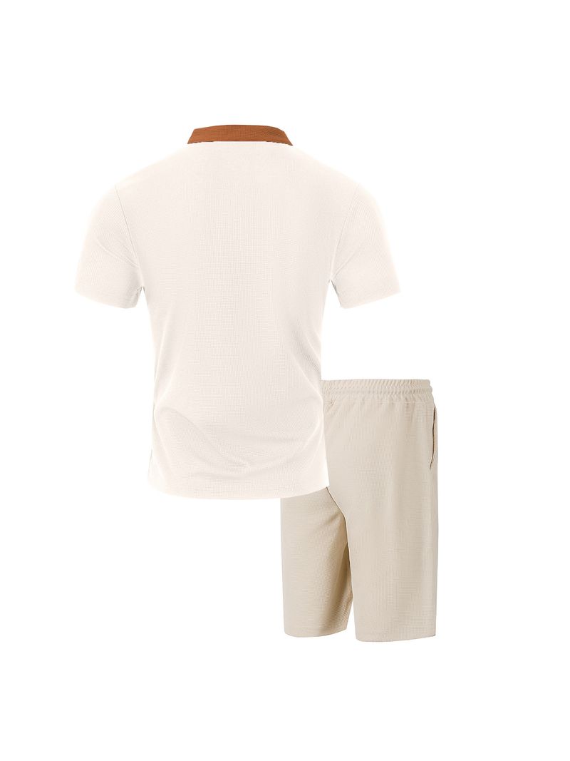 Completo da uomo composto da t-shirt a maniche corte e pantaloncini in maglia a nido d'ape - Collo rotondo marrone con coulisse in vita, completo casual in due pezzi_voghion.com