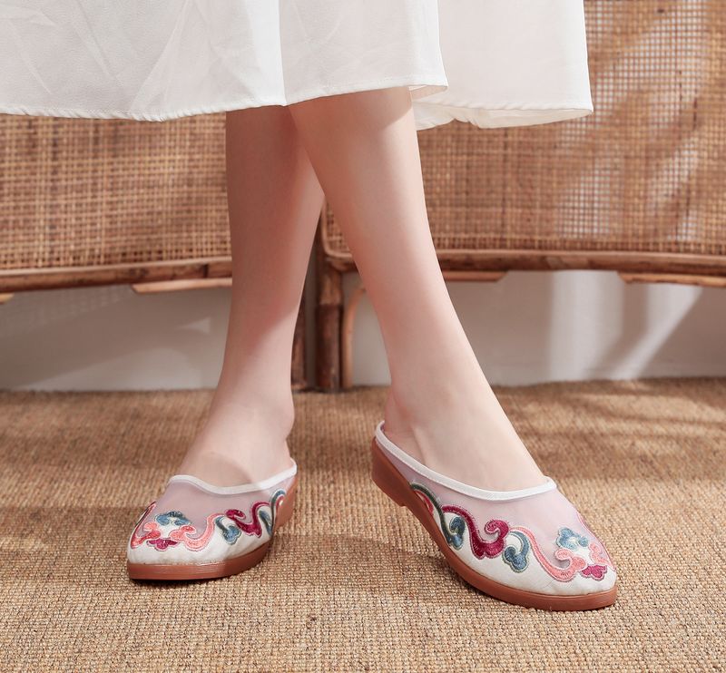 Slippers, Mesh Embroidered Fabric Shoes, Summer Cow Tendon Soles, Casual Women's Outerwear Sandals_voghion.com