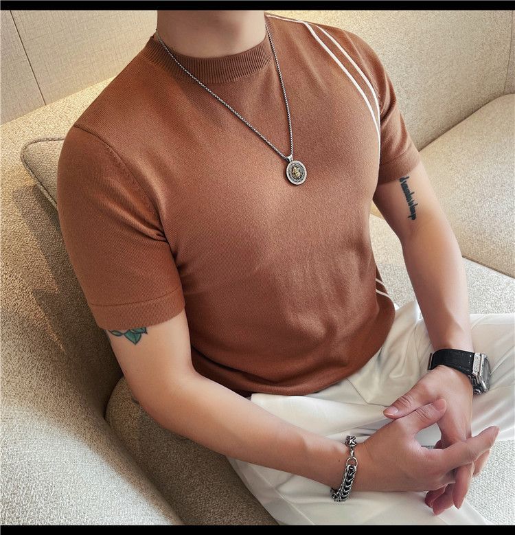 Summer New Products Men's Thick Short Sleeve T-Shirt Threaded Neckline Short Sleeve Knitted Sweater Slim Fit Elastic Bottom Sweater Undershirt_voghion.com