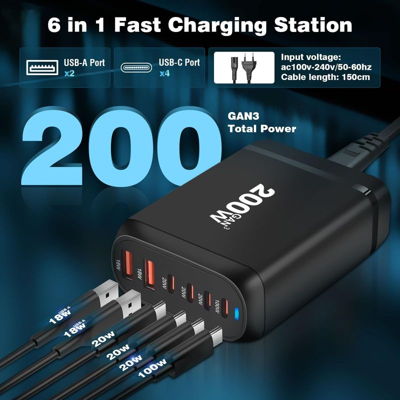 200W GaN USB C Charger Station Cellphones 6 Ports High Power Multi-Port Fast Charging IPhone, With Book LED Indicator_voghion.com
