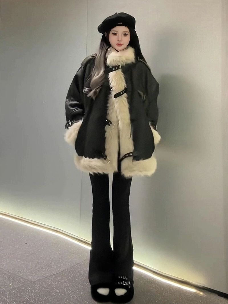 Cappotto in pelle di pecora in stile americano per donna, giacca da motociclista invernale in pelle scamosciata spessa foderata in pile, design di alta qualità_voghion.com