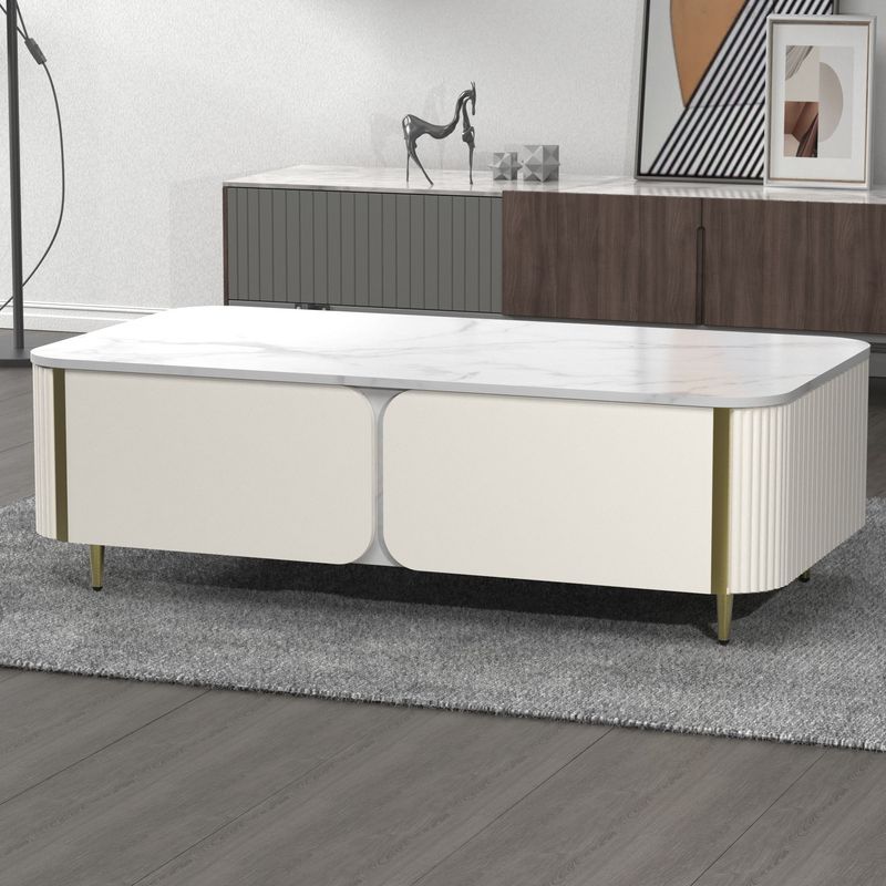 1pc Modern Luxury Coffee Table, 51.1" Rectangle Coffee Table With Drawer, Marble Top, Curved Profile Design, Gold Metal Decor, Center Table For Living Room,Side Table For Apartment_voghion.com