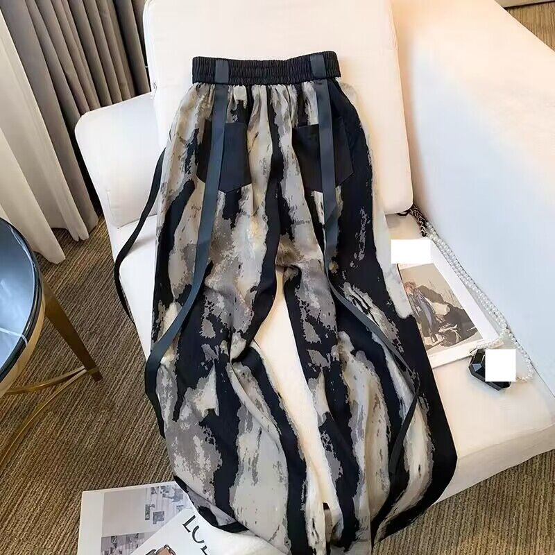 Dameklær ny nasjonal stil vår og sommer nye issilke chiffon bukser med brede ben kvinnelige ins casual bånd drapere rett mopping bukser_voghion.com