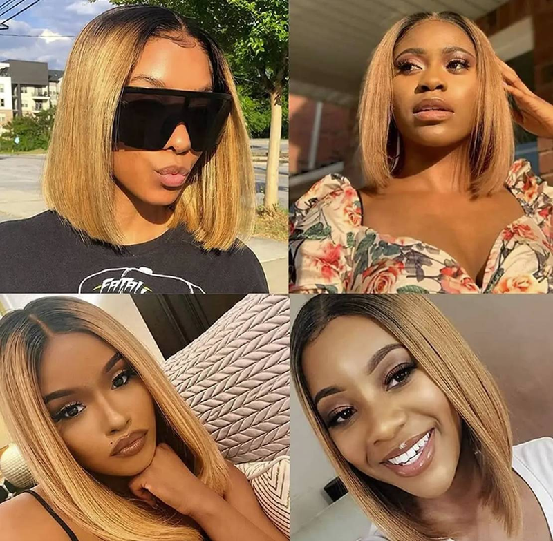Heiße Verkäufe 1b/30 Braune Farbe 13x4 Lace Frontal Bob Perücke Glatt Ombre Braun Menschliches Haar 18in 200% DensityWigs_voghion.com