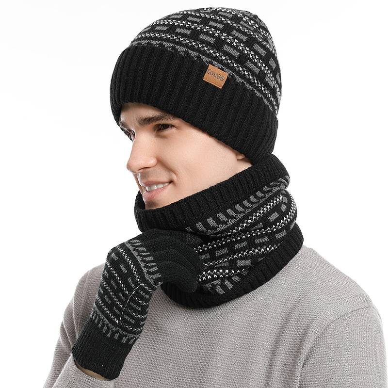 2023 European and American autumn and winter men's warm woolen hat knitted thick adult hat scarf gloves_voghion.com
