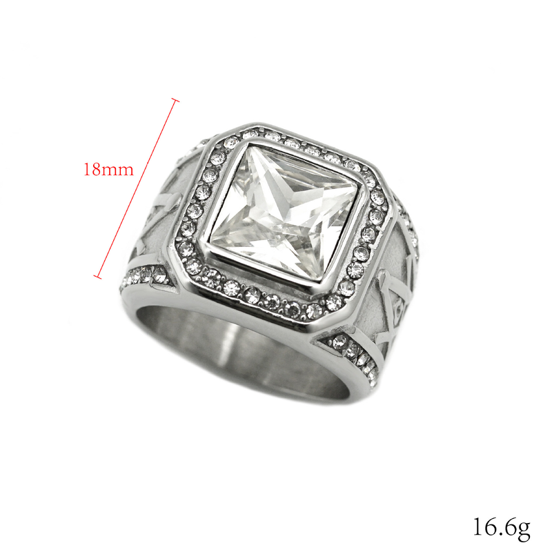 Bague maçonnique rétro AG en acier titane/acier inoxydable 316 incrustée de pierres précieuses colorées_voghion.com