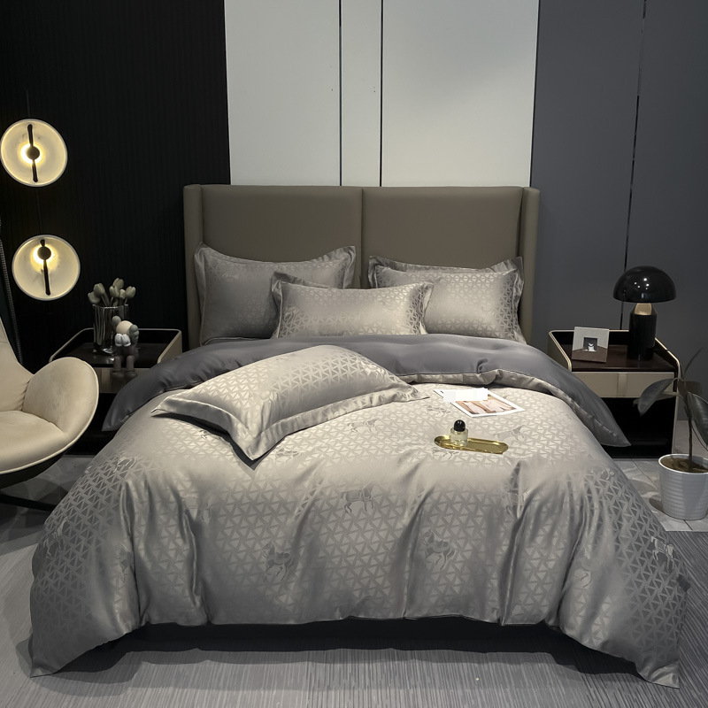 Parure de lit double face en soie glacée lavée - Housse de couette et drap-housse jacquard ultra-doux et respirant, doux pour la peau, pour un sommeil nu, taille King/Queen_voghion.com