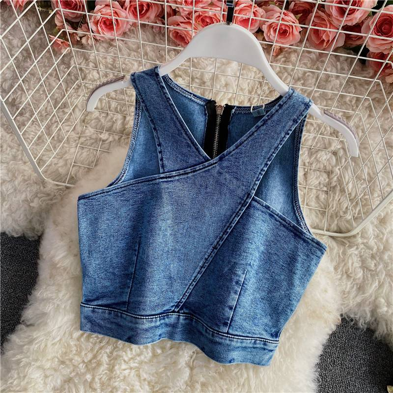 Roupas femininas novas Slim Fit zíper curto Denim camisola duas peças terno irregular fenda quadril saia_voghion.com