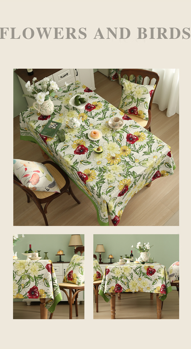 Nappe rectangulaire en lin et coton – Style américain vintage, imperméable et résistante à l'huile (multicolore et motifs floraux)_voghion.com