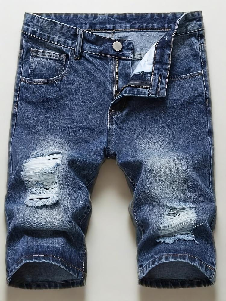 Distressed-Jeans für Herren – Vintage-gewaschene, blaue Relaxed-Fit-Shorts mit geradem Bein für Hip-Hop-Streetwear_voghion.com