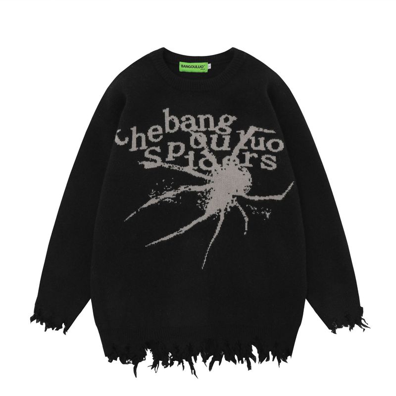 Maglione unisex oversize con ricamo di lettere, effetto consumato, in misto cotone traspirante, spalle scese, stile streetwear (colori e fantasie multiple)_voghion.com