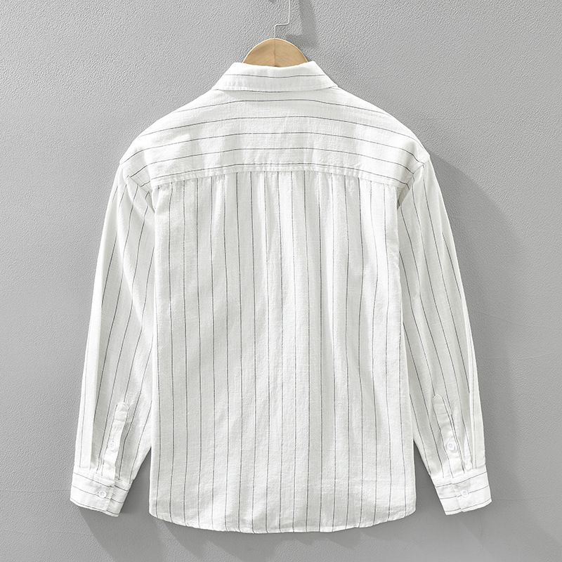 Camicia a maniche lunghe in lino a righe per uomo, alla moda e versatile, top ampio e casual._voghion.com