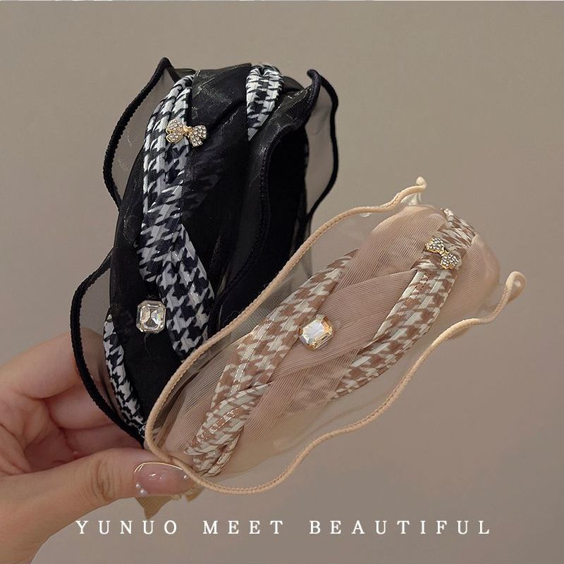 Fascia per capelli con motivo a griglia a mille uccelli, in maglia, con bordo largo, stile retrò, con teschio alto, copricapo francese_voghion.com