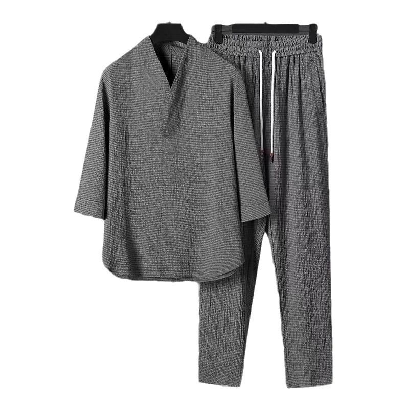 CT Sommer Plus Size Ice Silk Herren Dünnes T-Shirt im chinesischen Stil mit V-Ausschnitt und fünf Ärmeln sowie langen Hosen, lässiges Sport-Zweiteiler-Set_voghion.com