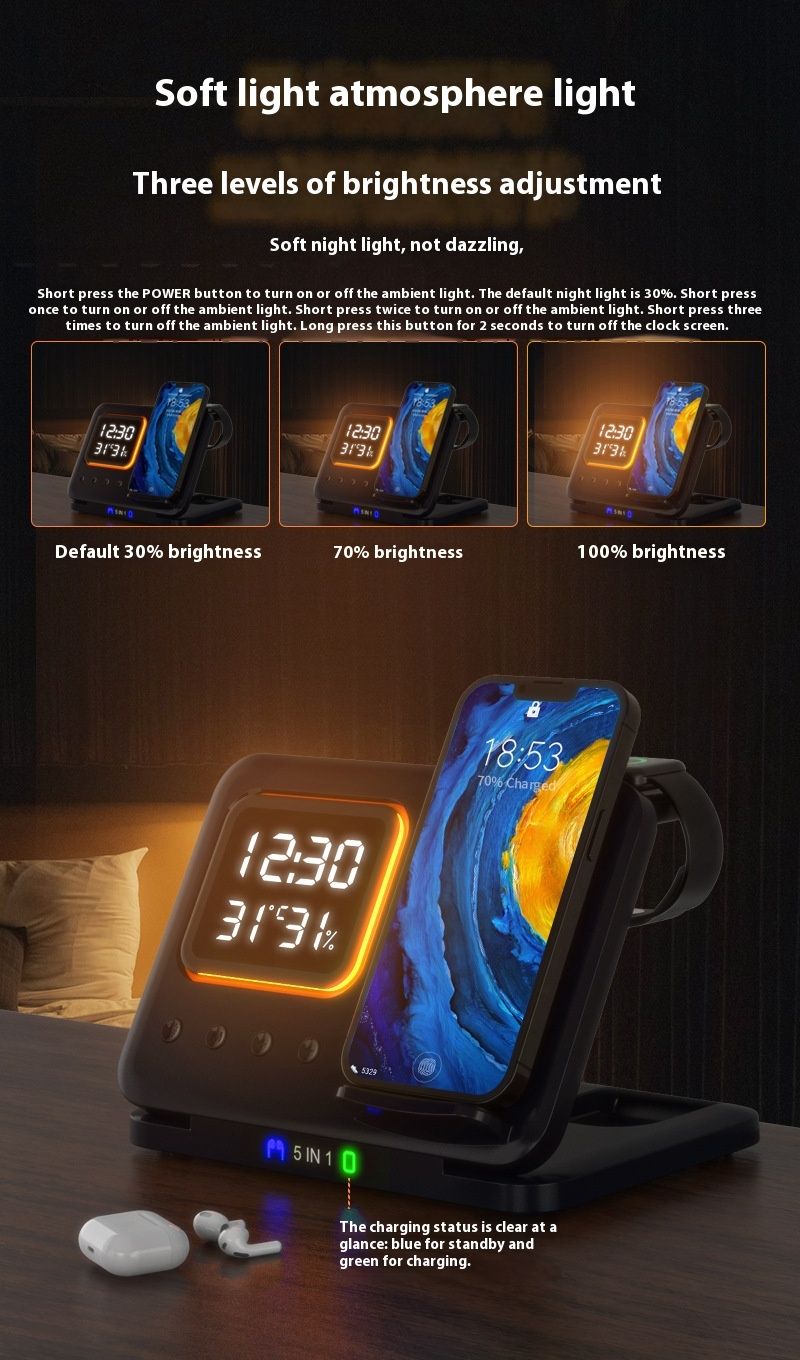 15W Drahtlose Ladegeräte Stehen 5 In1 LED Digital Wecker Schnelle Lade Dock Station_voghion.com