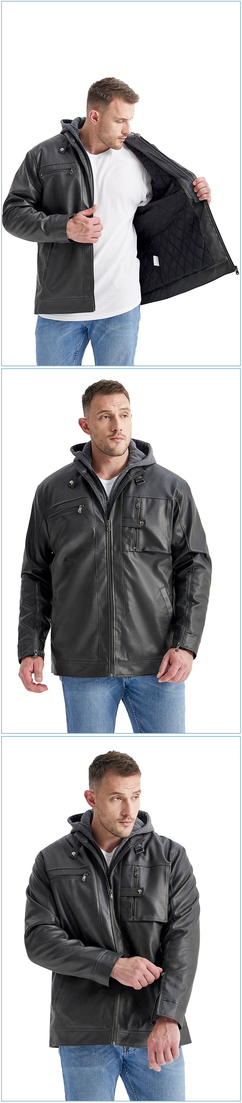 Giacca multitasche in pelle PU da uomo con cappuccio staccabile, fodera trapuntata e polsini lunghi con cerniera - Cappotto invernale taglie forti per abbigliamento casual_voghion.com