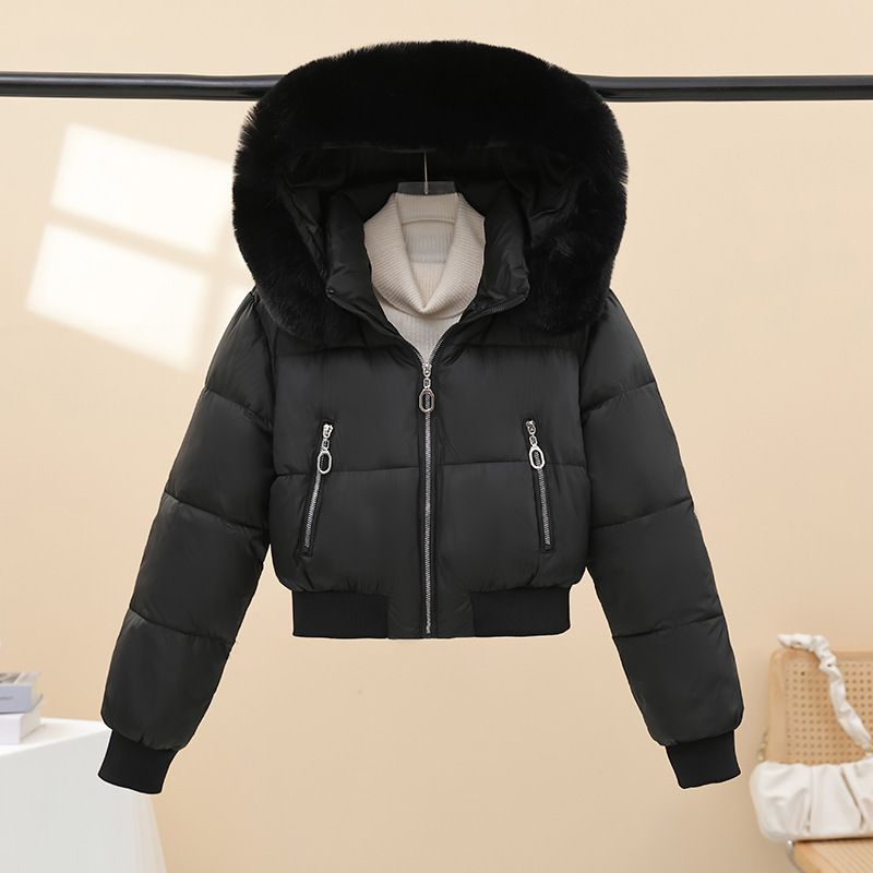 Dicke, kurze Pufferjacke für Damen mit Kunstpelzkapuze – warmer Wintermantel, schmale Passform, Taillenbetonung, Polyester-Außenmaterial, Kaninchenfellbesatz, lässige Oberbekleidung_voghion.com