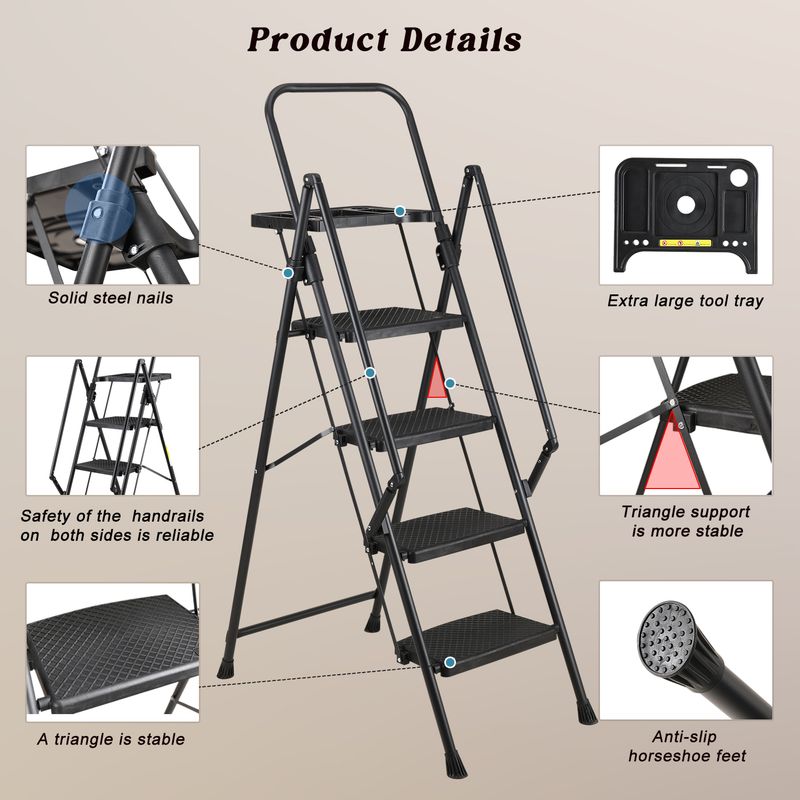 4 Step Ladder, Folding Step Stool With Non-Slip Wide Pedals, Soft Handle, Non-Slip Feet, Sturdy Steel Construction, 330 Lb Capacity Steel Ladder, Suitable For Home & Office_voghion.com