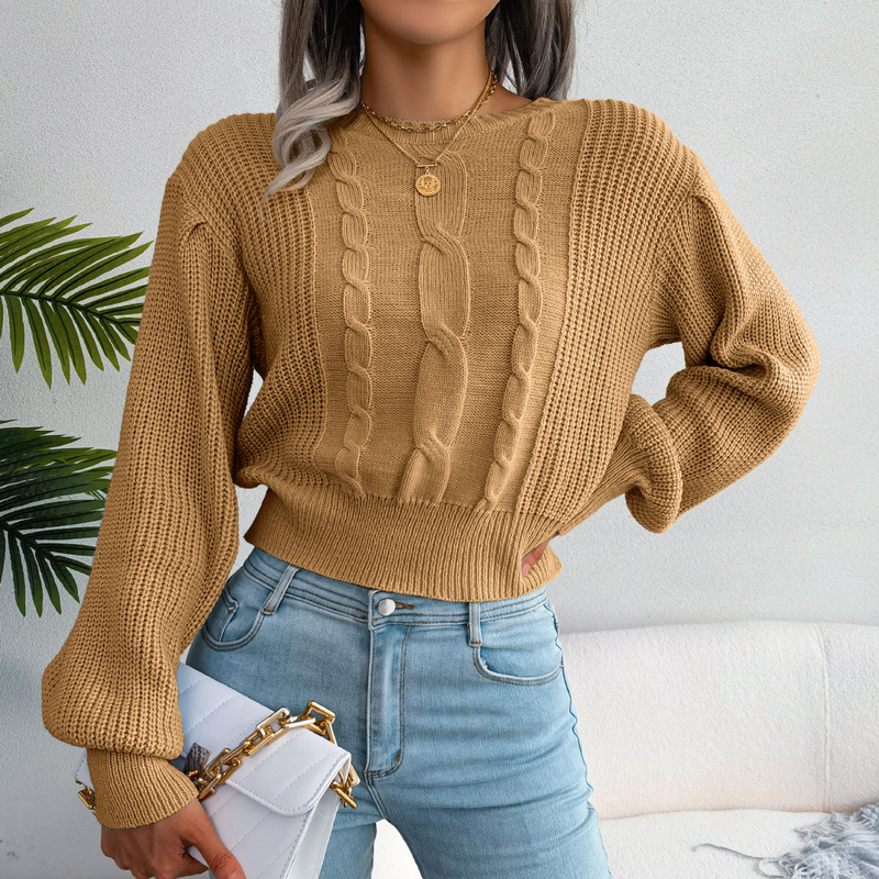 Maglione lavorato a maglia con maniche a lanterna intrecciate, stile casual, autunno inverno, da donna_voghion.com