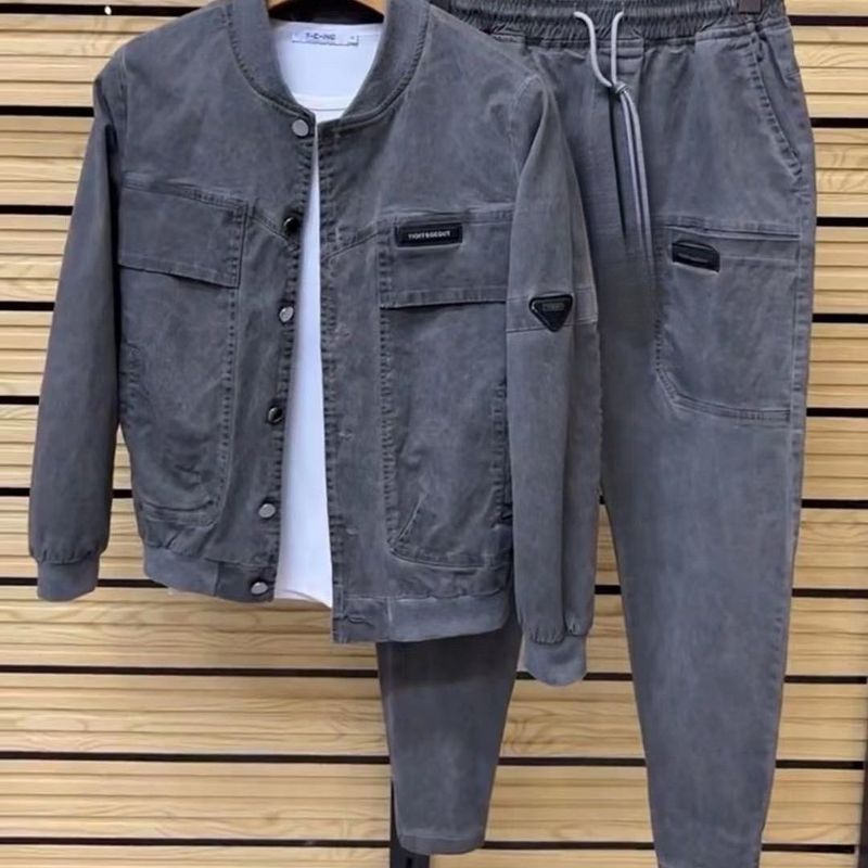 Completo casual da uomo composto da due pezzi: giacca in denim foderata in pile e pantaloni jogger (nero/grigio, taglie XL-6XL)_voghion.com