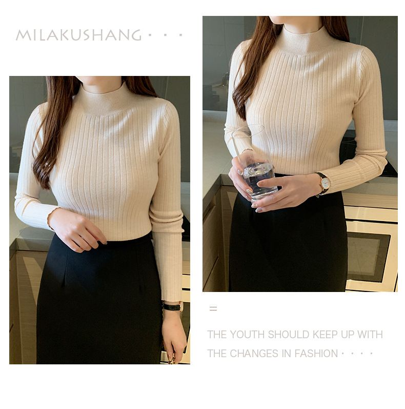 Autumn Winter New Women's Half-Polo Turtle Neck Knit Sweater Solid Color Base Layer Top Inner Outer Wear Stylish Medium Length_voghion.com